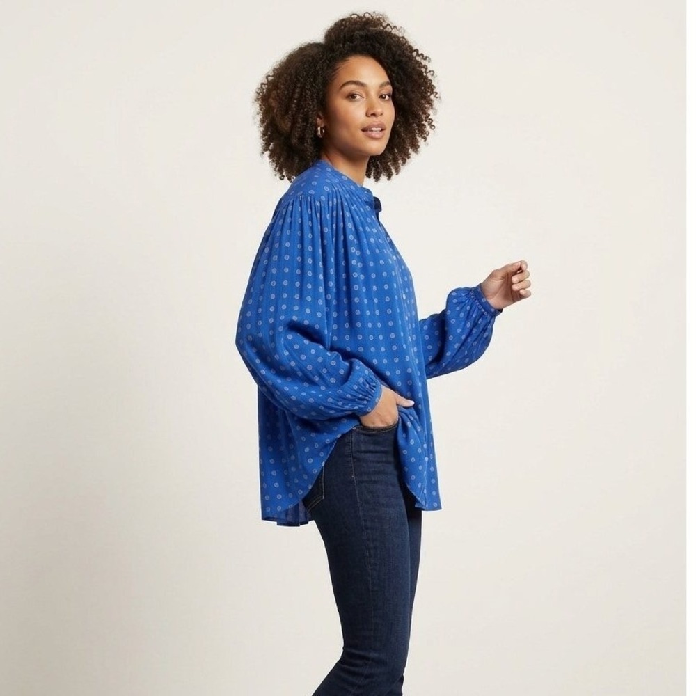 Free People Blue Medallion Polka Dot Button Down Balloon Sleeve Blouse Small